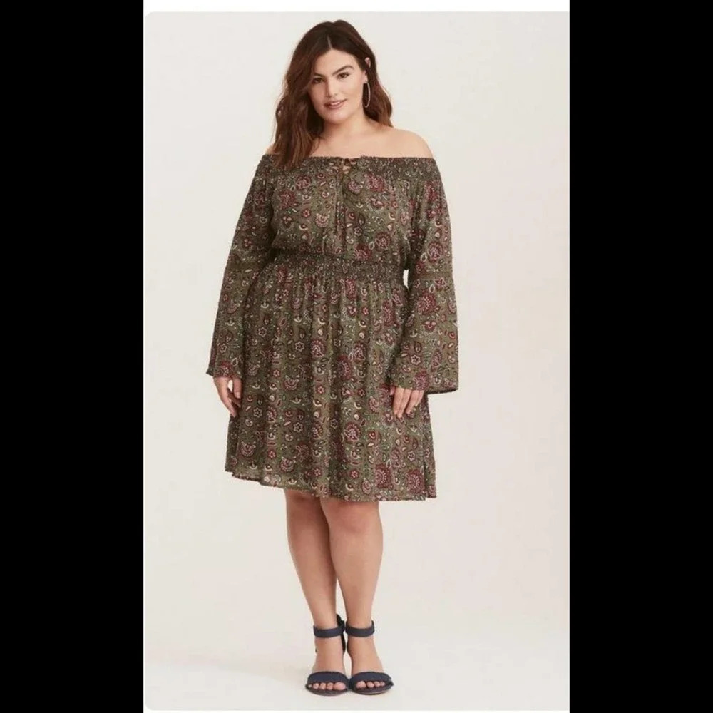Torrid Multi Color Floral Off Shoulder Lace Up Challis Skater Dress‎